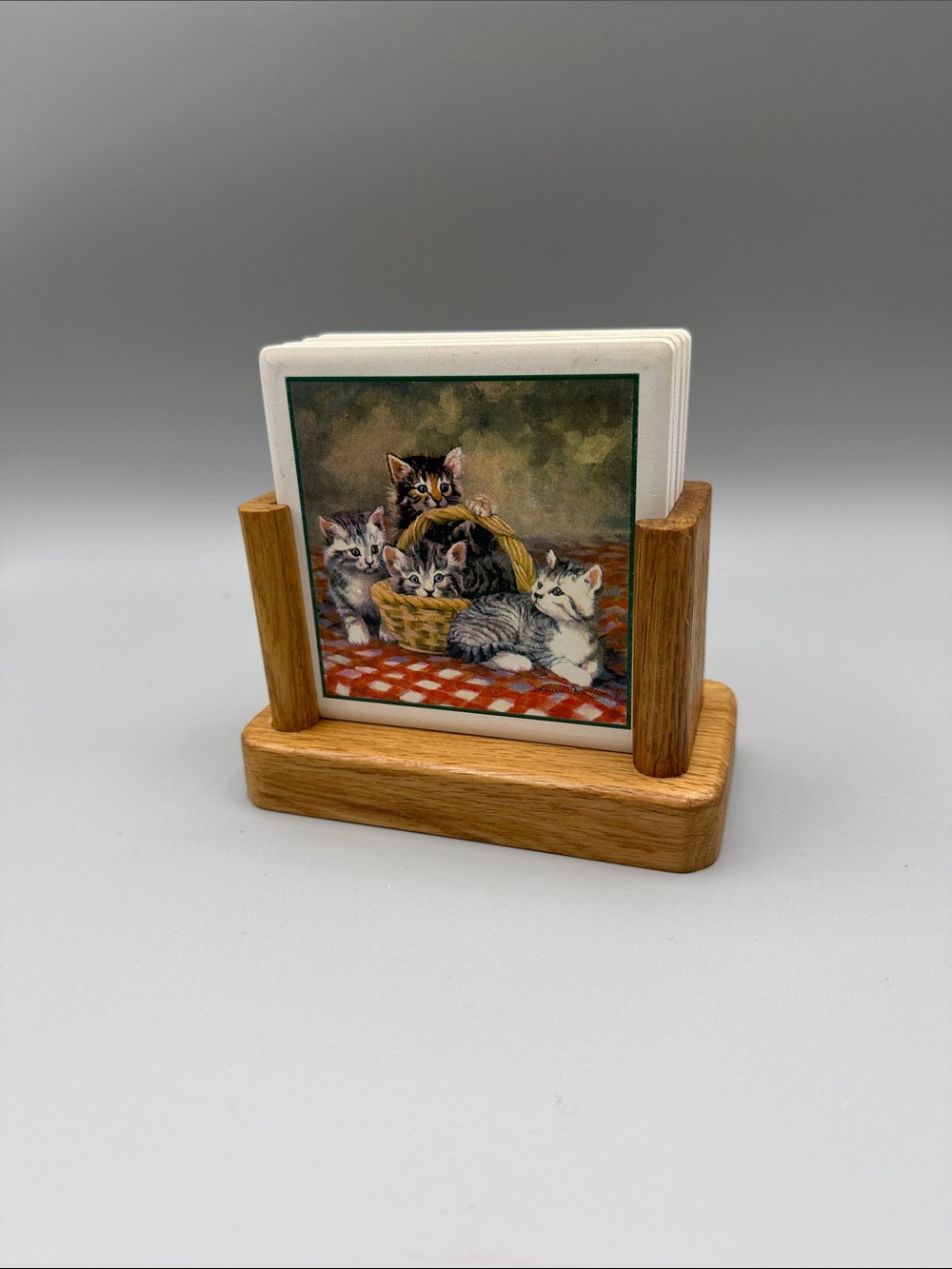 Vintage Tile Kitty Kitten Cat Square Coasters Cork Bottom Oak Wood Stand